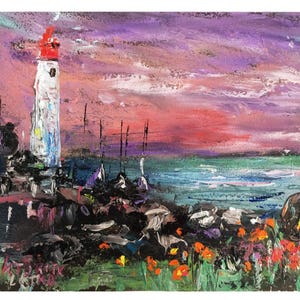 Lighthouse Painting Print Original Art Poster Colorful Seascape Painting Print Ocean Art White Lighthouse Wall Art