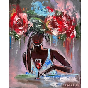 花 女性 アート オリジナル 絵画 プリント 花 絵画 ワイン アート アフリカ系アメリカ人 アート 顔のない肖像画 アート 具象的 黒人アート