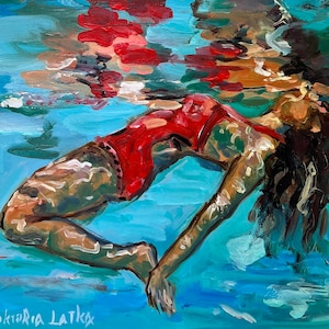 Underwater Art Original Painting Print Colorful Woman Art Swimmer Painting Poster Woman Swimming Painting Figurative Art