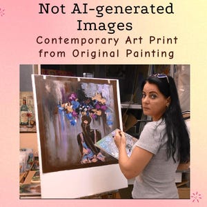 May include: An artist stands next to a canvas featuring a contemporary art print from an original painting. The artwork depicts a woman with a floral headdress. The image includes the text "Not AI-generated Images" and "Contemporary Art Print from Original Painting."