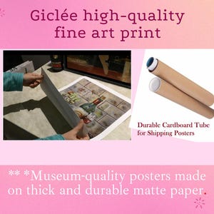 May include: A fine art print featuring a still life with a wine bottle and glasses. The image is being held by a person. The text reads "Gicl&eacute;e high-quality fine art print." The print is shipped in a durable cardboard tube.