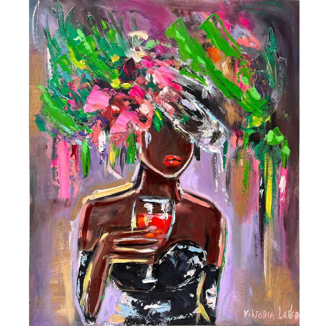 Black Woman Painting Print From Original Art Flowers Painting Wine ...