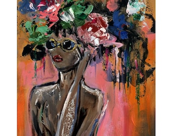 African American Art Poster Original Painting Print Black Woman Artwork Faceless Portrait Painting Portrait Woman Art Flowers Painting