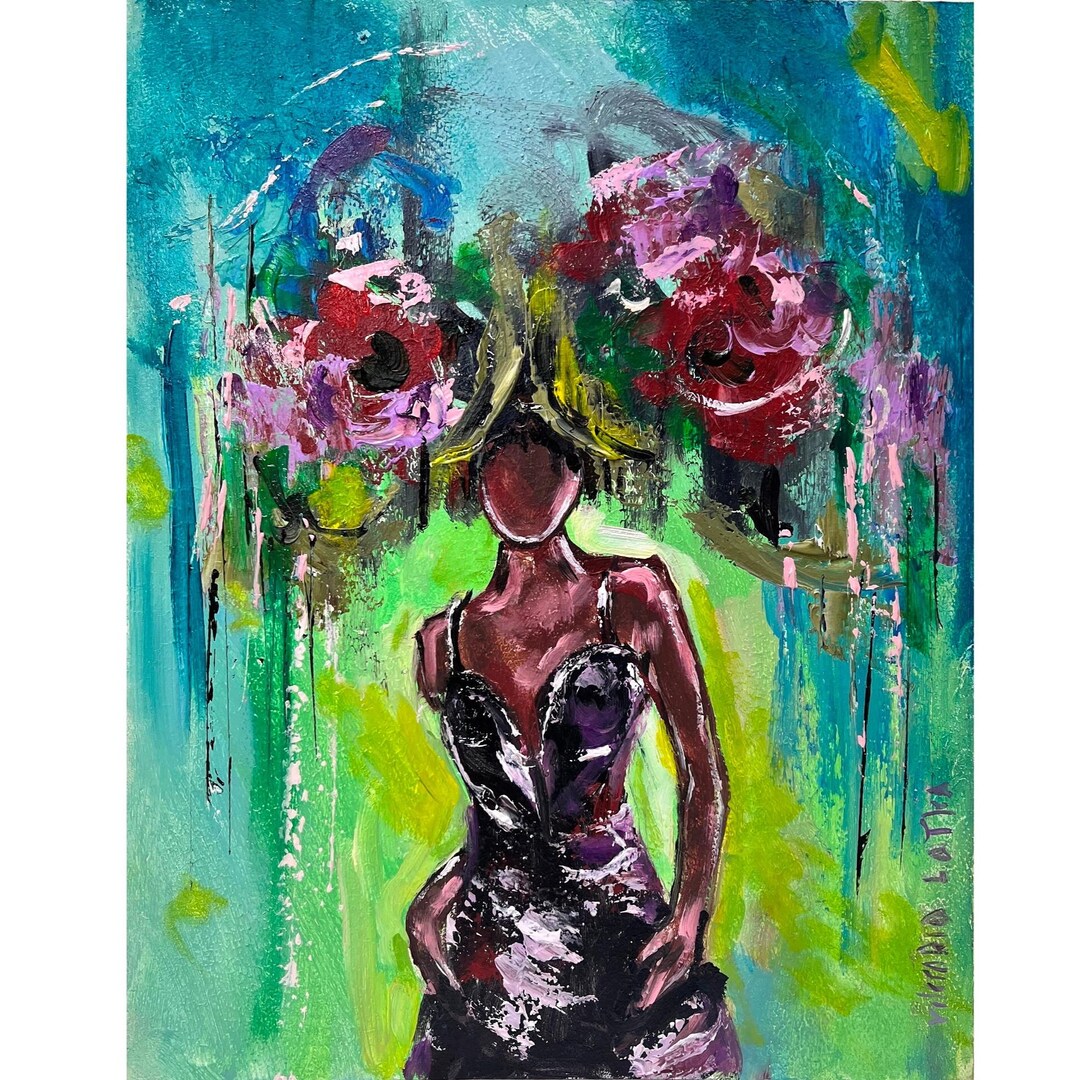 Flowers Woman Painting Print: African American Art, Faceless