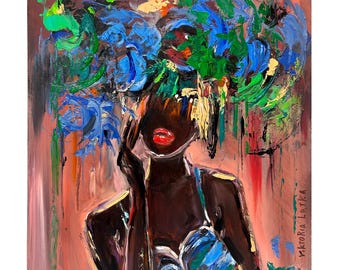 Black Woman Painting Print: Faceless Portrait with Flowers, African American Art, Figurative Wall Art