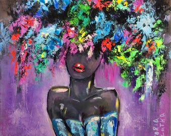 Black Woman Painting Print: African American Art, Woman's Face in a Crown of Flowers Art