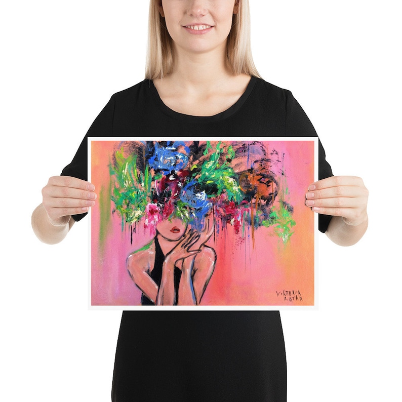 Woman Painting Print: Wildflowers & Faceless Portrait Painting, Woman's Face with a Crown of Flowers Art 12×16 inches