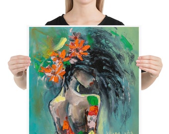 素敵な女性の絵画です。￼部屋に飾って楽しんで下さい。 顔のない女性とガーベラの絵画プリント：カラフルな花の肖像画、具象的