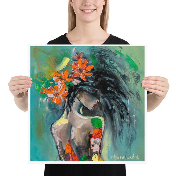 顔のない女性とガーベラの絵画プリント：カラフルな花の肖像画、具象的