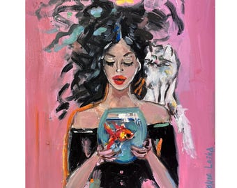 Woman, Cat and Goldfish Art Print: Surreal Portrait, Figurative Painting Poster