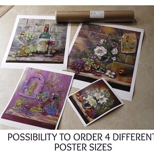 May include: Four art prints featuring still life paintings of wine, grapes, and flowers. A rolled poster is visible at the top. The text at the bottom reads "POSSIBILITY TO ORDER 4 DIFFERENT POSTER SIZES."