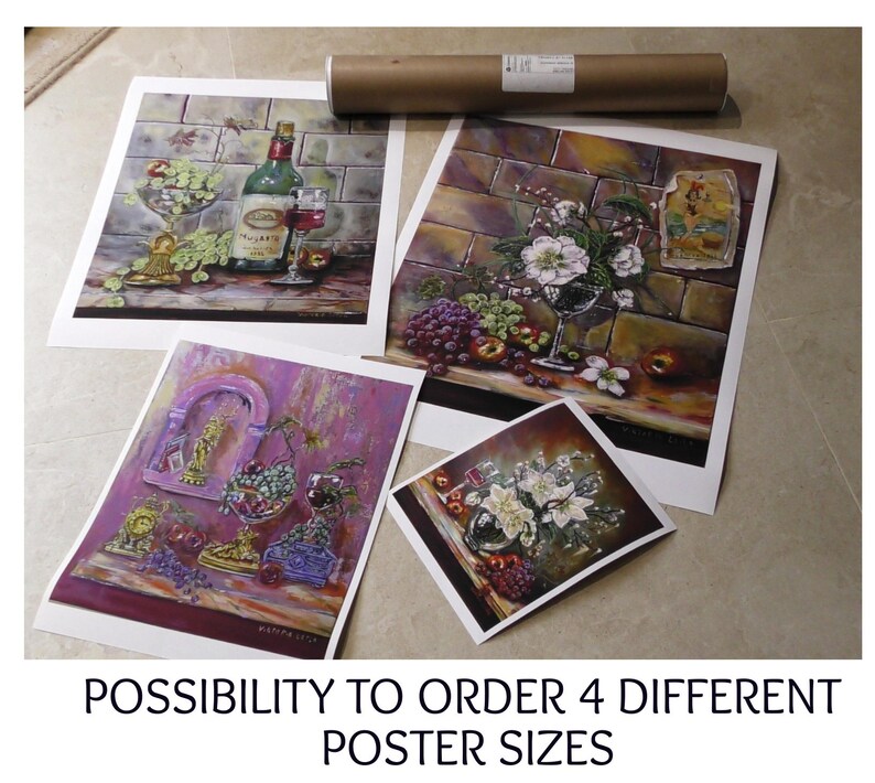May include: Four art prints featuring still life paintings of wine, grapes, and flowers. A rolled poster is visible at the top. The text at the bottom reads "POSSIBILITY TO ORDER 4 DIFFERENT POSTER SIZES."