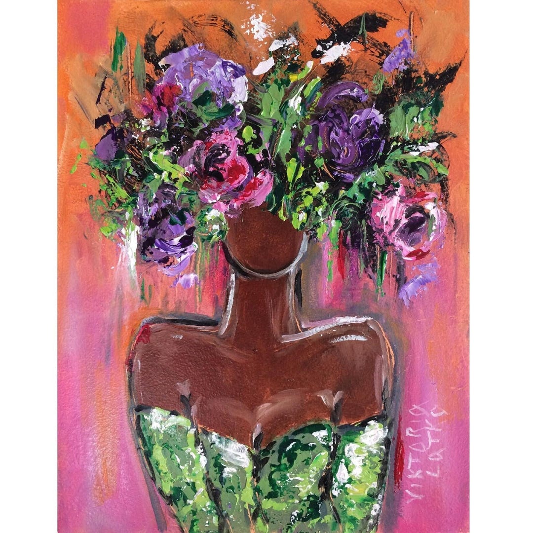 Faceless Portrait Painting Print, Original Art Poser, Floral Head Black ...