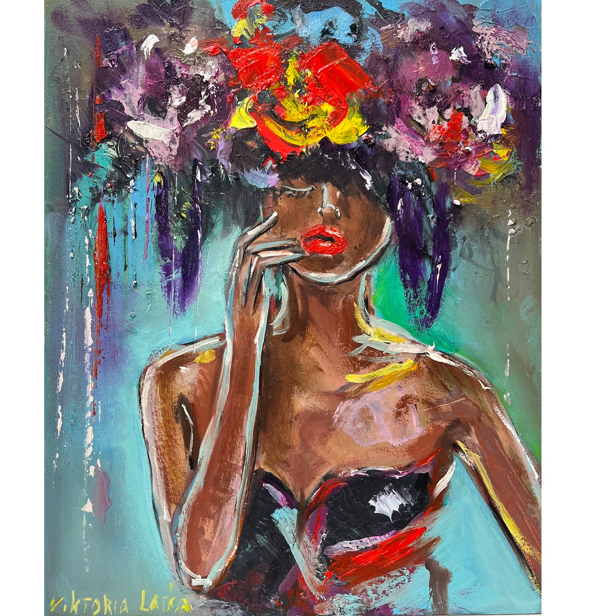 Woman Painting Print Original Art Poster Flowers Painting African American Art Portrait Woman Art Figurative Painting Flowers Woman Art