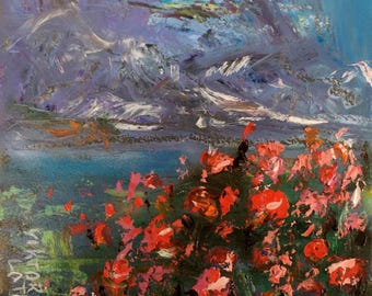 Mohnblumen und Berge Druck: Wildblumen Feld Kunst, Blumen Landschaft Wandkunst