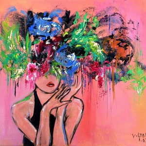 May include: An original acrylic painting on canvas. The artwork depicts a woman with a floral headdress in shades of blue, red, green, and orange. The background is a soft pink, and the woman is wearing a black top. The artist's signature is in the bottom right corner.