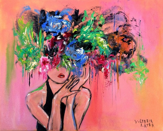 Woman Painting Print: Wildflowers & Faceless Portrait Painting, Woman's Face with a Crown of Flowers Art