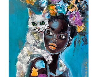 Black Woman Painting Print: Floral Portrait with White Cat, African American Art Poster