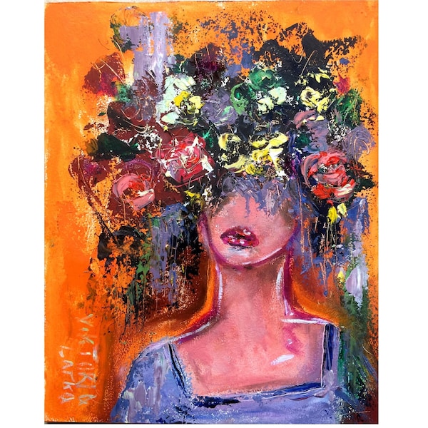 Woman Face Painting Print: Vivid Portrait with Flowers on Head Art, Floral Female Image