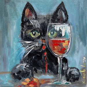 Impresión de pintura de gato, póster de arte original, pintura de vino, retrato, arte de mascota, impresión de pintura de gatito, arte de pared de gato negro, arte de gato colorido
