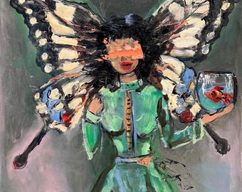 Stampa artistica "Donna senza volto": Ali di farfalla surreali, ritratto in una boccia per pesci (Giclée)