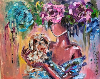 Woman Painting Original Art Print Little Dog Painting Shih Tzu Painting Flowers Art Faceless Woman Art Flowers Woman Wall Art