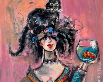 Woman with Cat Painting Print: Surreal Portrait & Fishbowl Art Poster, Figurative Wall Art