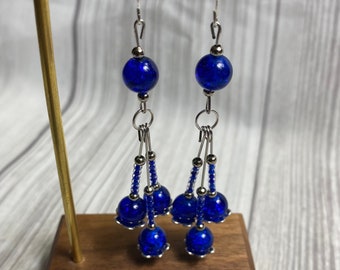 Handmade Silver And Blue Earrings, Sapphire Blue Crystal Beads And Silver Beads, Long Dangling Earrings