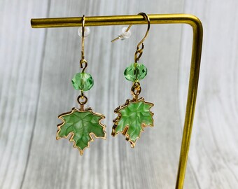 Golden Fall Maple Leaf Charm And Crystal Bead Hypoallergenic Earrings - Autumn Maple Leaf Earrings