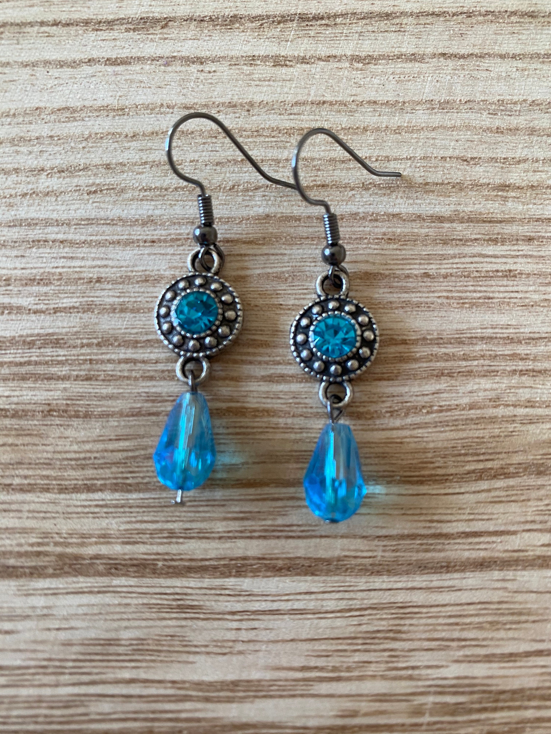Blue Dangling Earrings With Blue Crystal Beads and Blue Gemstone Charm