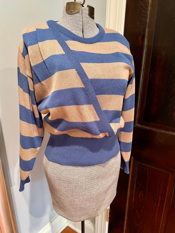 c1970's Wrap Sweater in Blue and Beige Stripes - image 2