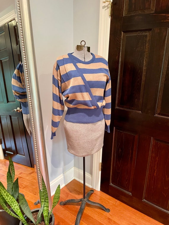 c1970's Wrap Sweater in Blue and Beige Stripes - image 1
