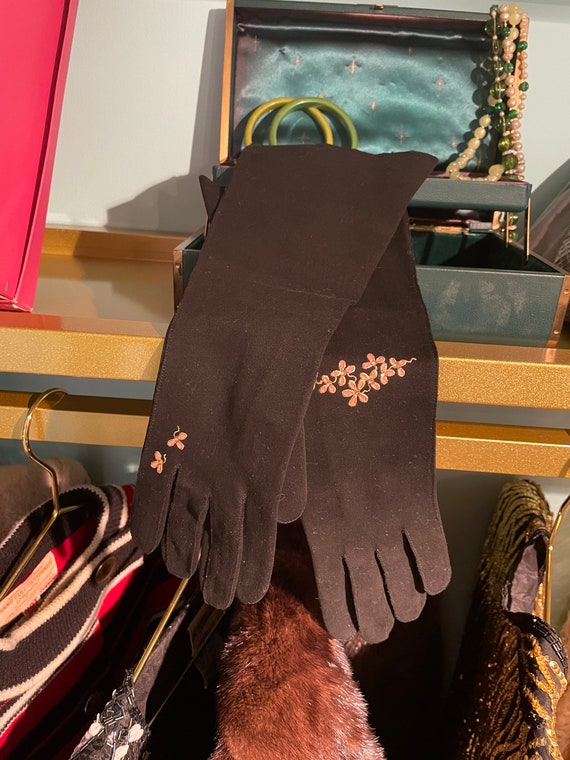 Vintage Unworn Black Evening Gloves with Embroide… - image 1