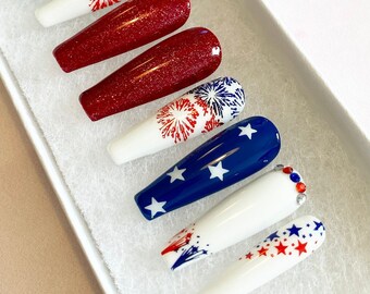 4th Of July Press On Nails | America Nails | Luxury Presson Nails | Gel Nails | Acrylic Nails | 4th July Press On Nails | Bling Nails