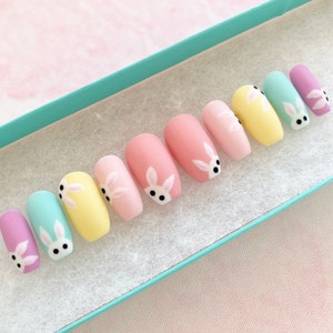 Press On Nails | Bunny Pastel Nails | Baby Pink Blue Yellow Purple Nails | Luxury Pressons Nails | Rabbit Gel Nails | Acrylic Nails