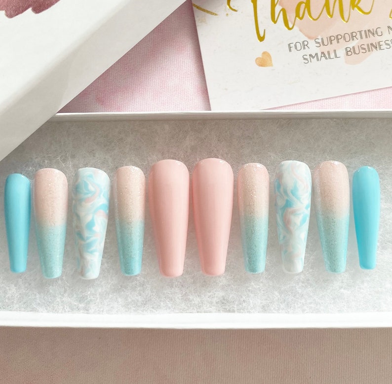 Cotton Candy Nails Pink Blue White Marble Press On Nails Luxury Pressons Nails Gel Nails Acrylic Nails Marble Nails Glitter image 8