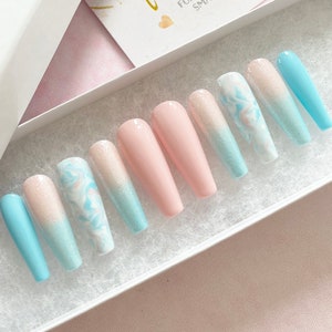 Cotton Candy Nails Pink Blue White Marble Press On Nails Luxury Pressons Nails Gel Nails Acrylic Nails Marble Nails Glitter image 6