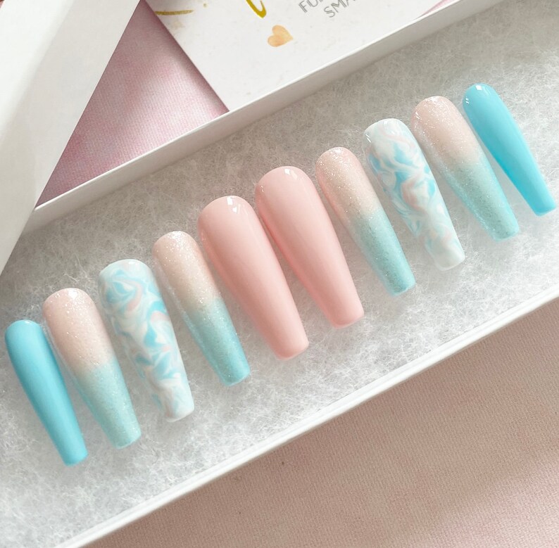 Cotton Candy Nails Pink Blue White Marble Press On Nails Luxury Pressons Nails Gel Nails Acrylic Nails Marble Nails Glitter image 6