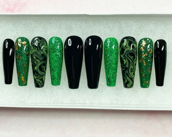 Green Press On Nails | St Patrick’s Nails | Luxury Pressons Nails | Gel Nails | Acrylic Nails | Gold Leaf Press On Nails | Marble Nails