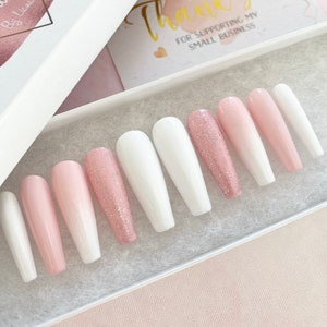 Press On Nails Pink Pressons Pink White Ombre Gel Nails Cotton Candy Pink Nails Acrylic Nails False Nails Glitter Nails image 2