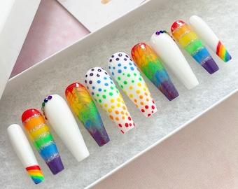 Rainbow Nails | LGBTQ Pride Rainbow Press On Nails | Luxury Pressons Nails | Gel Nails | Acrylic Nails | Pride month | Drag Nails | LGBT