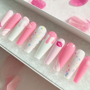 Press On Nails Pressons Pink Drip Gel Nails Confetti Nails Heart Nails Kiss Acrylic Nails False Nails White Nails image 1