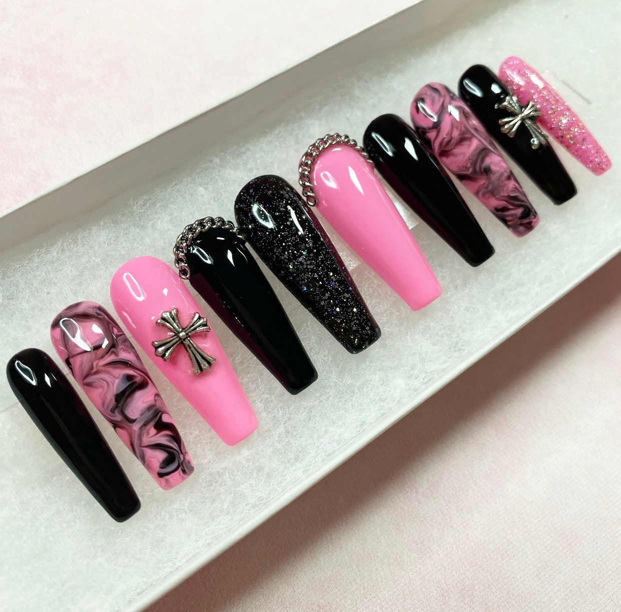 Gothic Pink Black Press on Nails | Halloween Press on Nails | Barbiecore Nails | Gel Nails | Acrylic Nails | Goth Nails | Cross Nails - Etsy