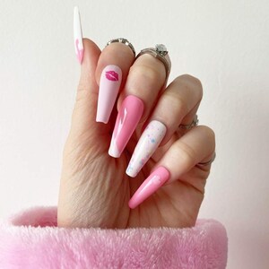 Press On Nails Pressons Pink Drip Gel Nails Confetti Nails Heart Nails Kiss Acrylic Nails False Nails White Nails image 6