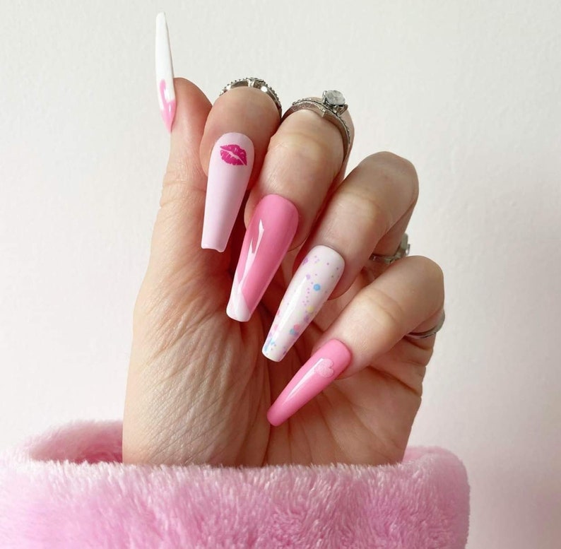 Press On Nails Pressons Pink Drip Gel Nails Confetti Nails Heart Nails Kiss Acrylic Nails False Nails White Nails image 6