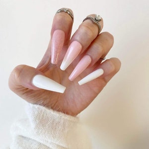 Press On Nails Pink Pressons Pink White Ombre Gel Nails Cotton Candy Pink Nails Acrylic Nails False Nails Glitter Nails image 3