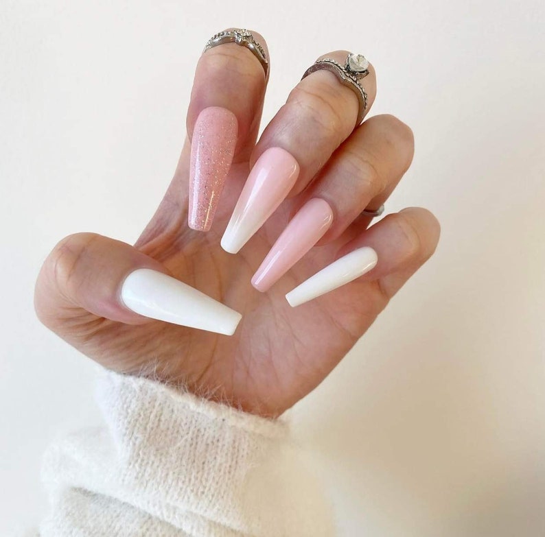 Press On Nails Pink Pressons Pink White Ombre Gel Nails Cotton Candy Pink Nails Acrylic Nails False Nails Glitter Nails image 3