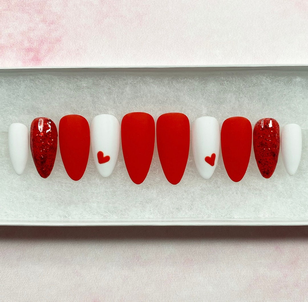 Press on Nails Red Matte Nails Red Heart Nails White Gel Nails Vday