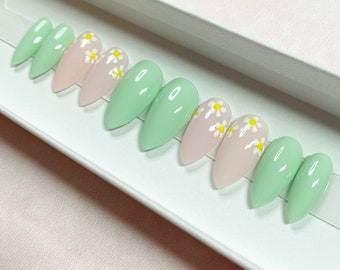 Mint Green Press On Nails | Flower Nails | Green Summer Nails | Spring Nails | Reusable False Nails | Luxury Press On Nails | Flowers