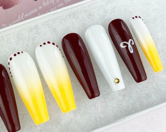 Aries Zodiac Press On Nails | Luxury Pressons Nails | Gel Nails | Acrylic Nails | White Red And Yellow Nails | Zodiac | Aries Nails